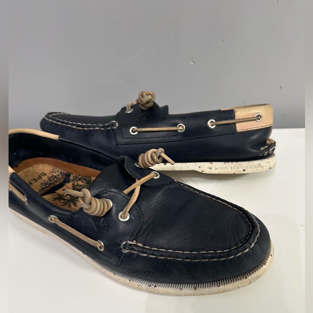 EUC Men Sperry Top Sider Leather Boat Shoes Navy Blue Size 12 M